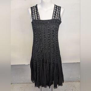 Black Sequin Dress Tank Style  Square Neckline Midi Length Dress In  Sz S